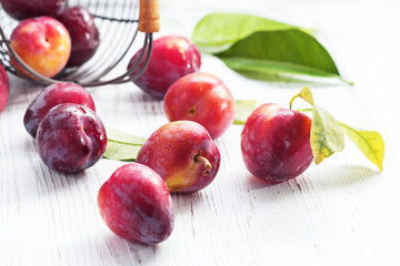 Red plum fruits with green leaves on white background.