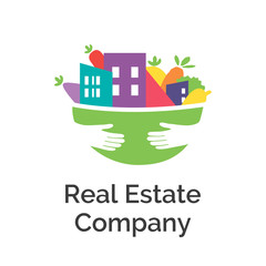 Vector logo template for real estate company. Illustration of skyscrapers and vegetables with fruits in a package for food in the hands of a man. Design element. Creative idea for logotype. EPS10.