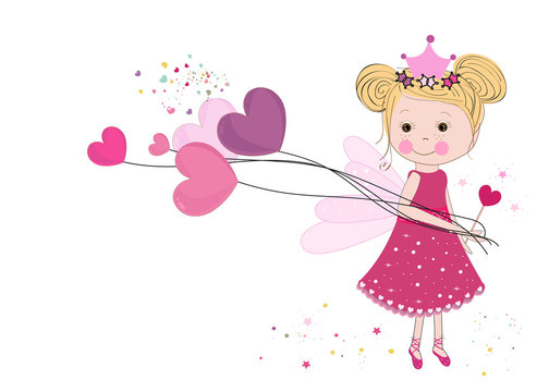 Cute fairy girl holding heart balloon. Happy valentine's day