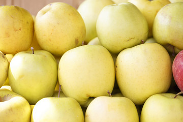 Yellow apples on the market, Colorful photo of yellow apples with defocused background, Selective focus with shallow depth of field