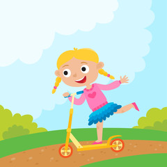 Obraz na płótnie Canvas Cartoon girl riding a bike having fun riding scooter in park. Ha