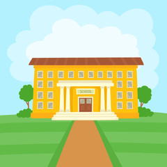 Color vector illustration of school building on grass for school