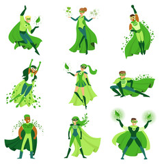 ECO superhero characters set, young men and women in different poses with green capes vector Illustrations © topvectors