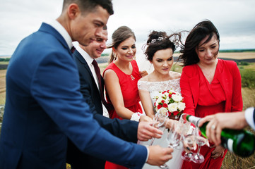 Wedding couple and braidsmaids with groomsmen drinking champagne in a picturesque countryside.