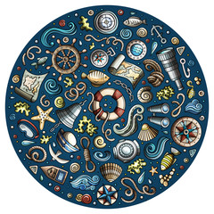 Set of Marine, Nautical cartoon objects