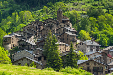 SDry stone village on step hill in Andorra - obrazy, fototapety, plakaty