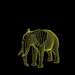 Abstract striped elephant. Isolated on black background. Sketch illustration.