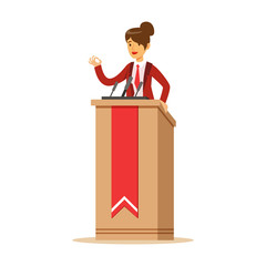 Young politician woman speaking behind the podium, public speaker character vector Illustration