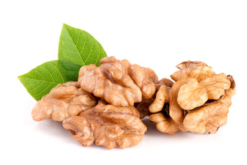 Walnuts with leaf isolated on white background