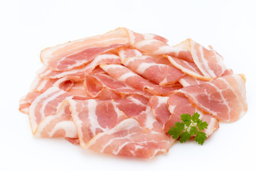 Bacon isolated on white background. Delikatese food.