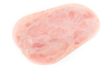 Thin slices of ham on white background.