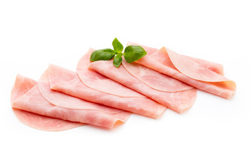 Thin slices of ham on white background.