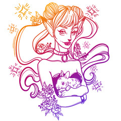 cute vector art card with a fox girl and her pet bunny, flowers roses and stars. Fashion woman. linear tattoo print illustration.