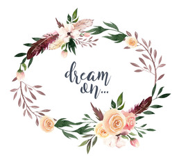 Hand drawing isolated boho watercolor floral illustration with leaves, branches, flowers. Bohemian greenery art in vintage style. Elements for wedding card.