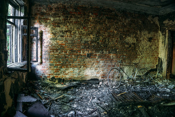 Interior of a burnt by fire apartment in an apartment building