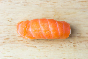 Salmon sushi on wood plate.Japanese traditional food