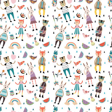 Fototapeta Seamless pattern with scandinavian style animals and figures, flowers, leaves