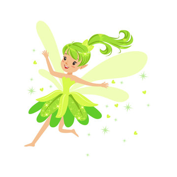 Beautiful smiling green Fairy girl flying colorful cartoon character vector Illustration