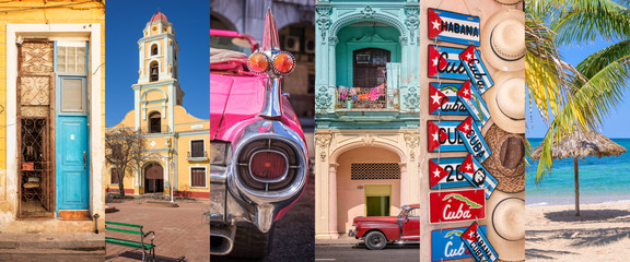 Cuba, panoramic photo collage, Cuban symbols, Cuba travel and tourism concept