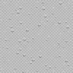 Realistic drops pure, clear water on light gray background. Clean drop condensation illustration.