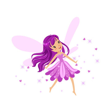 Beautiful smiling purple Fairy girl flying colorful cartoon character vector Illustration