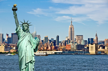 New York skyline and the Statue of Liberty, New York City collage, travel and tourism postcard...