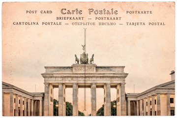 Naklejka premium Brandenburg gate in Berlin, Germany, collage on sepia vintage postcard background