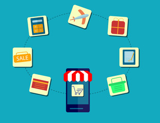 Modern Concept of Purchasing Product Via Internet, Mobile Shopping Communication and Delivery Service. Flat design.