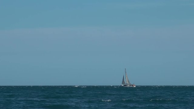 White yacht sails by the sea