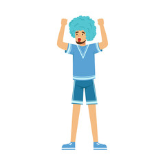 Happy bearded football fan character in blue wig celebrating the victory of his team vector Illustration