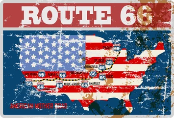 Selbstklebende Fototapete Route 66 Grunge Route 66 Straßenkartenschild, Retro-Grunge-Vektorillustration