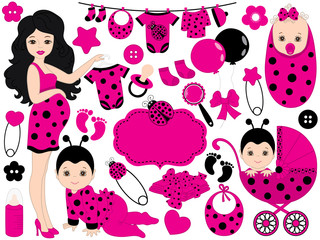 Vector Baby Girl Set with Ladybug Pattern. Vector Baby Girl. Vector Pregnancy. 