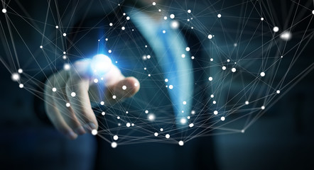 Businessman using flying network connection interface 3D rendering