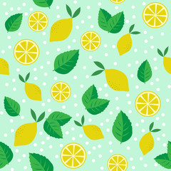 Seamless vector pattern with lemons and mint leaves 