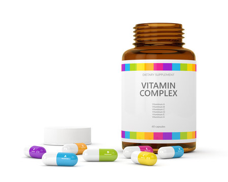 3d Rendering Of Vitamin Pills With Bottle