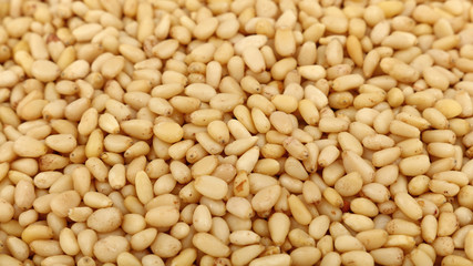 Peeled pine nuts close up high angle