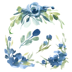 watercolor blue flowers with gray grass on white background for greetings card