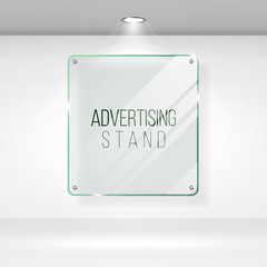 Advertising Stand Glass Vector. Realistic Glass On A Wall With Lights. Good For Images And Advertisement. Banner Template For Designers. Vector EPS 10