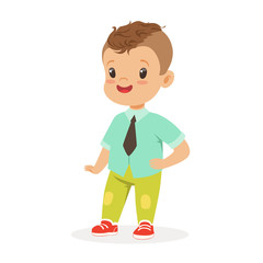 Cute smiling little boy dressed in fashion clothes colorful cartoon character vector Illustration