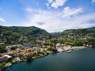 Fototapeta na wymiar aerial photography view of Como city and lake near Milan in Italy