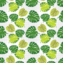 Naklejka na ściany i meble Monstera leaves in halftone style. Seamless vector background. Summer tropical design. Textile rapport.