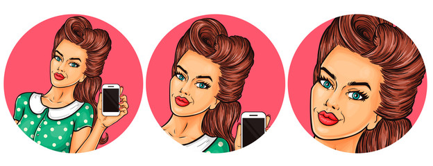 Vector illustration, womens pop art round avatar icon for users of social networking, blogs. Girl with retro hairstyle showing her mobile phone