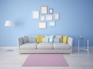 Mock up empty frames in a bright living room with a compact sofa on a blue background.
