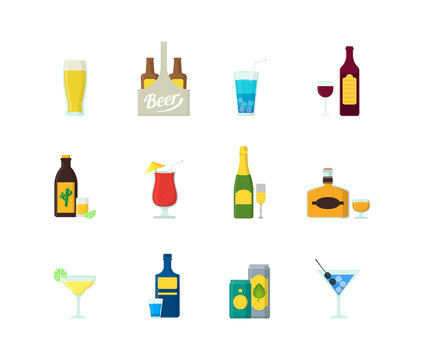 Cartoon Alcoholic Beverages Color Icons Set. Vector