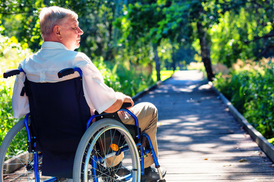 old man on wheelchair on the path in the park