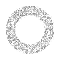 vector adult coloring book page with spring flowers and leaves arranged to circle - decorative round floral frame - black and white outline