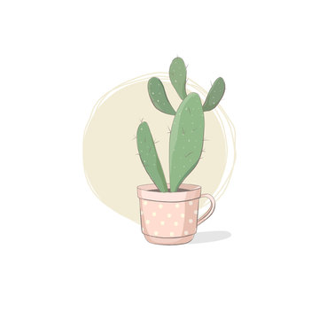 Cute vector illustration of a succulent. Cactus in the pink teacup with polka dots pattern. A funny picture for fans of succulents; for greeting cards; T-shirts; etc.