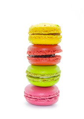 Delicious multicolored macaroons isolated on white.