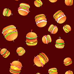 Seamless pattern tasty burger grilled beef and fresh vegetables dressed with sauce bun for snack, american hamburger fast food meal menu barbecue meat vecor illustration background