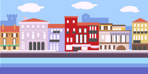 Vector illustration of European cityscape in simple style. Traditional landscape. Houses in the old European style.